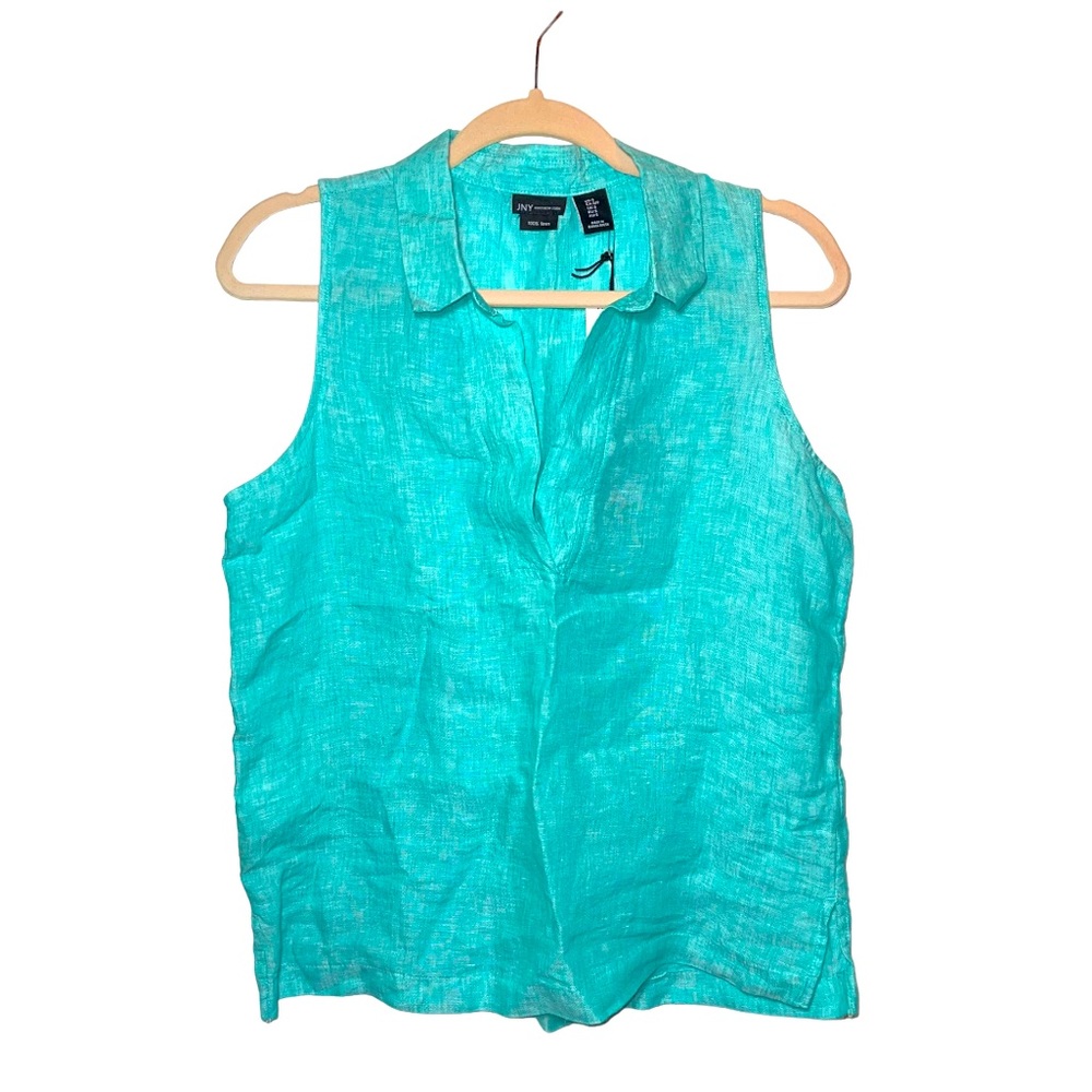JONES NEW YORK Blue Linen Sleeveless Tank with Collar  S NWT